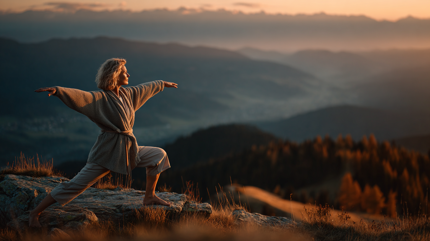 Людина медитує на заході сонця